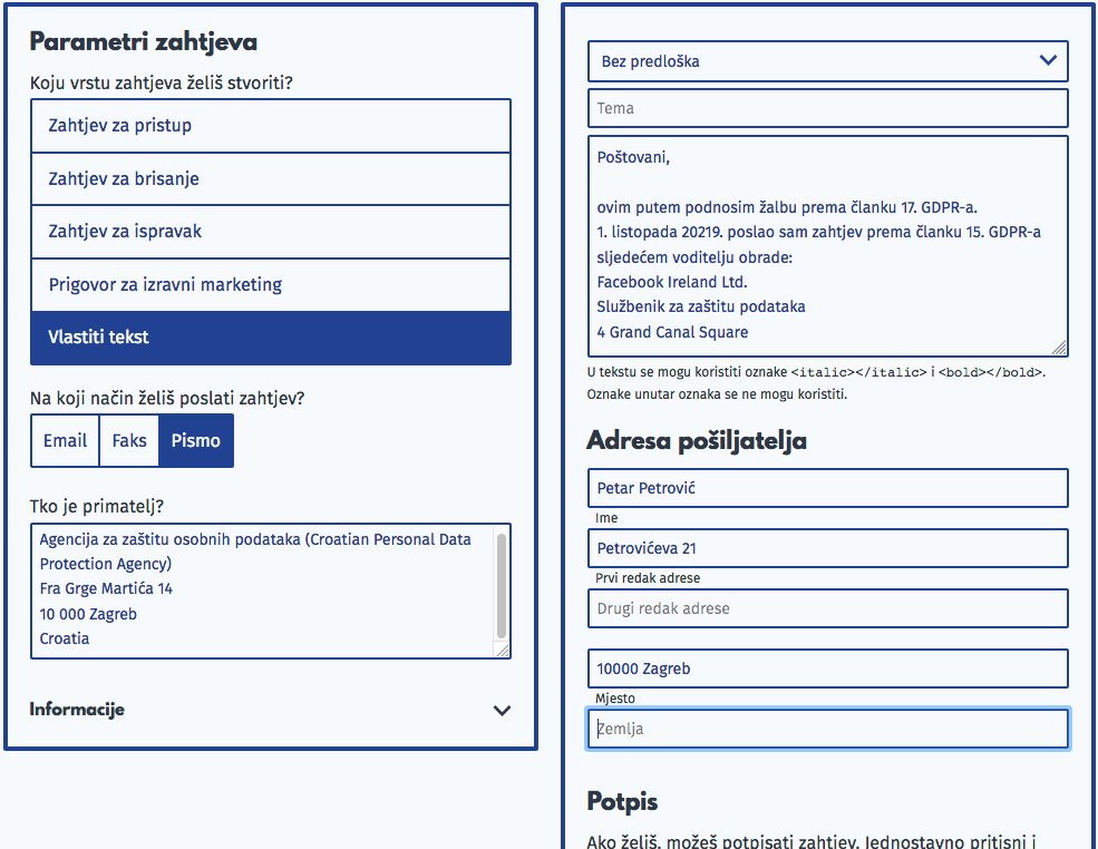 Snimka ekrana generatora zahtjeva na osobnipodaci.org. Pripremanje žalbe agenciji za zaštitu osobnih podataka protiv Facebook Ireland Ltd.